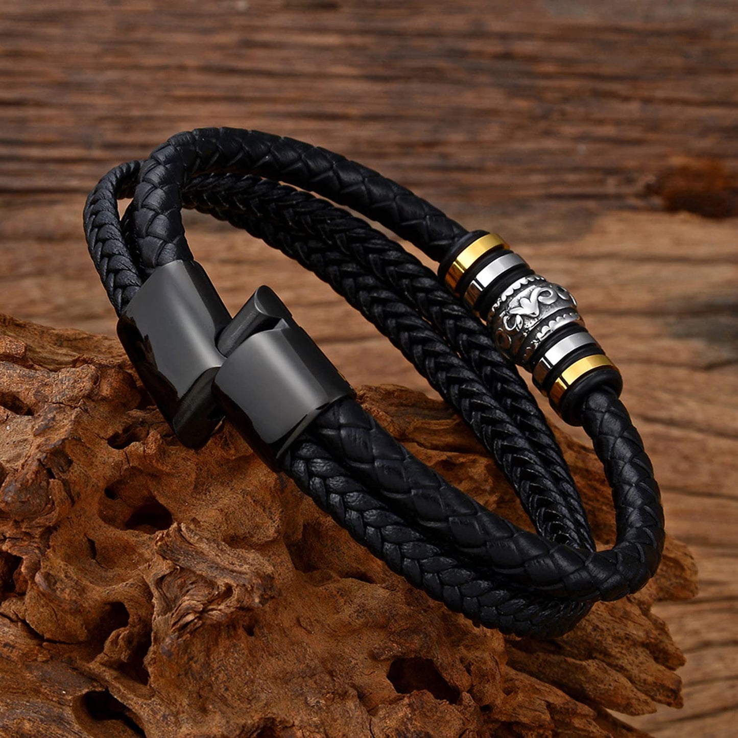Men's Fashion Stainless Steel Multi-layer Leather Co Bracelet Braided Leather Buckle Titanium Steel Bracelet-PLUT