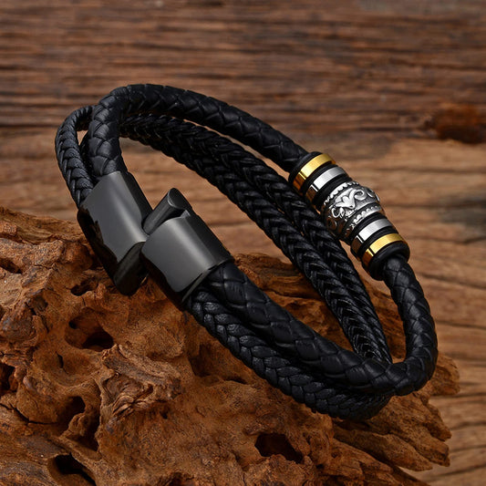 Men's Fashion Stainless Steel Multi-layer Leather Co Bracelet Braided Leather Buckle Titanium Steel Bracelet-PLUT