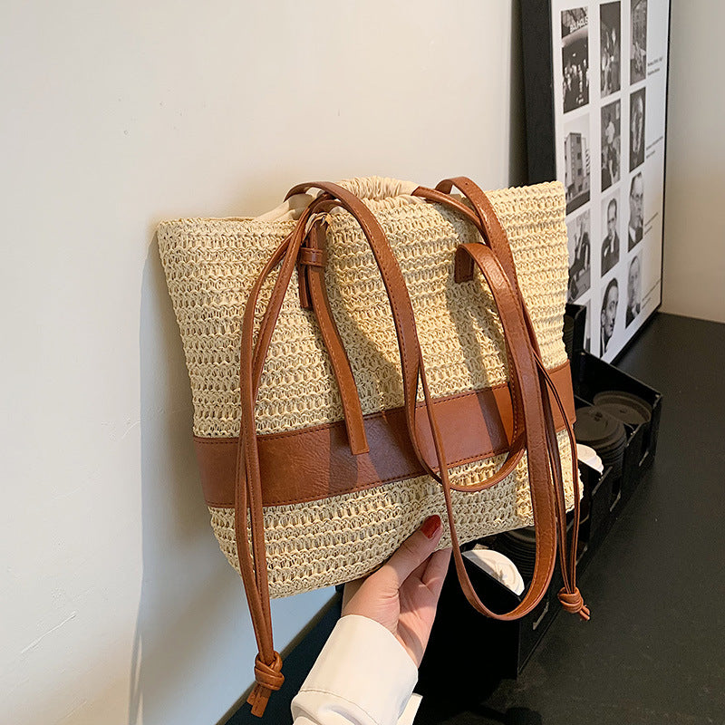 Women's Patchwork One Shoulder Straw Woven Bag