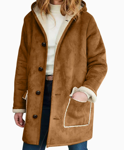Ensfarvet retro ruskindsfrakke med hætte til efterår og vinter – Løs damebluse med lange ærmer og lommer