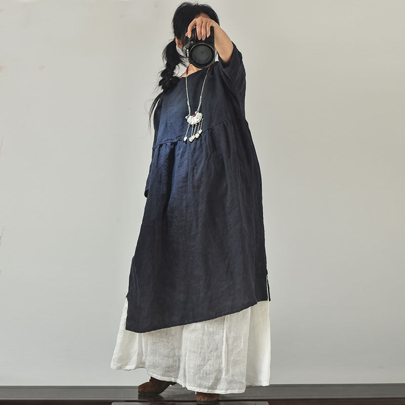 Original Linen Round Neck Embroidery Thread 34 Sleeve Swing Dress
