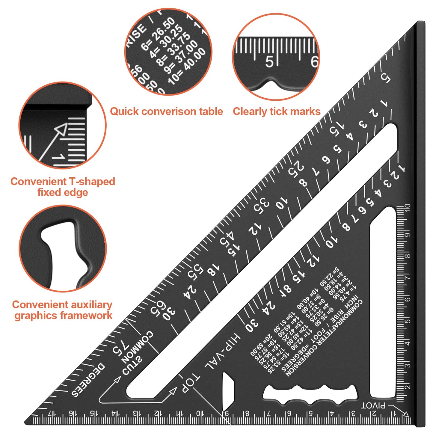 Newaner 180 mm snickarvinkel, aluminiumlinjal, 45°, 90° förtjockad, triangulär snickarvinkel, hög precision mätverktyg, för snickare, takläggare, ingenjör (svart)