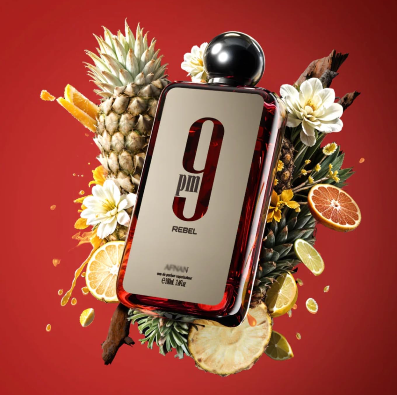 Parfym 9 PM Rebel Eau de Parfum 100 ml, Arabisk parfym för män, med påfyllningsbar sprayflaska, söt och fruktig doft med rött äpple, lavendel, bärnsten och vanilj (9 PM Rebel)