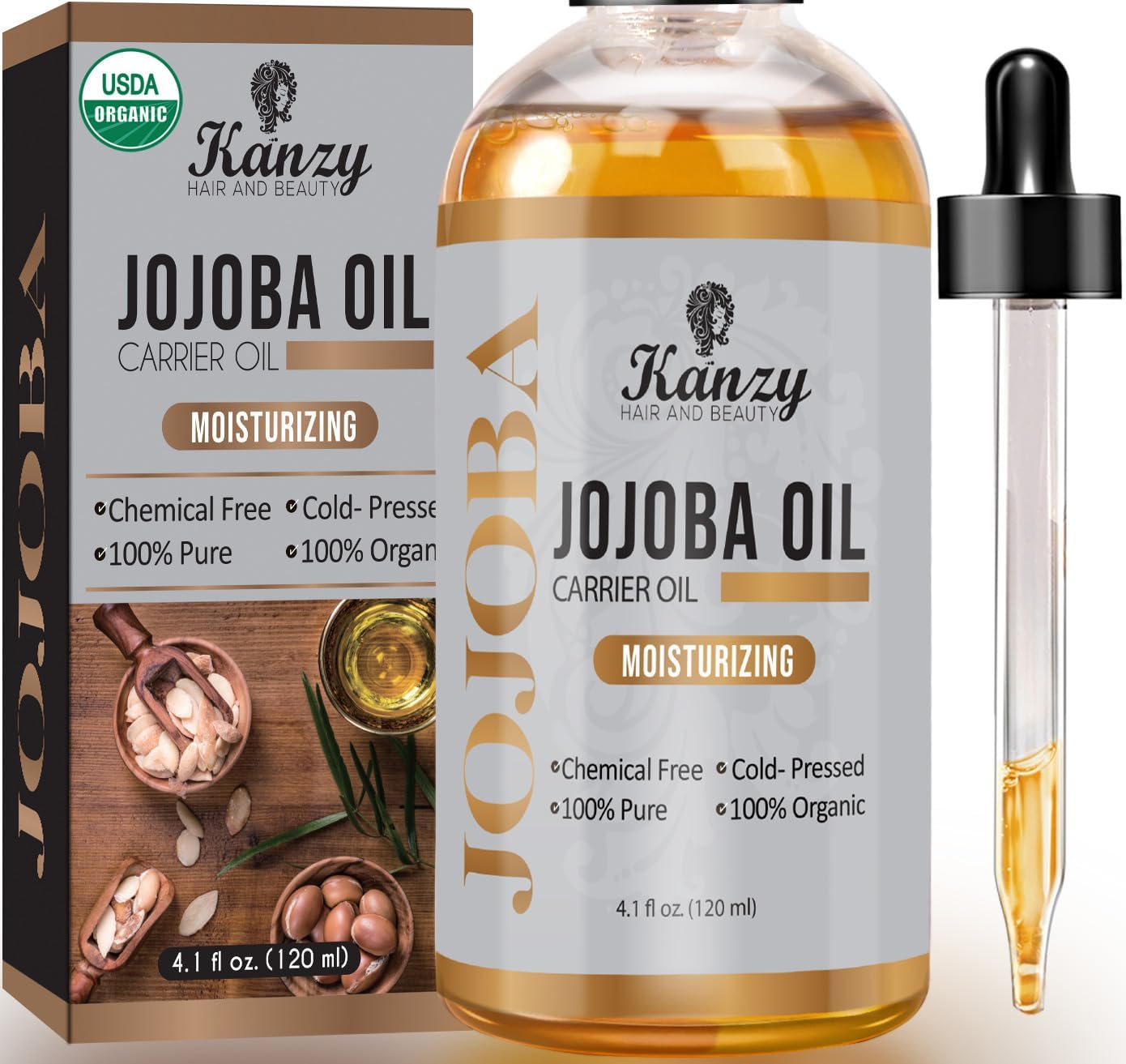 Kanzy Jojobaolja Ekologisk Kallpressad 100% Ren 120ml Hexanfri Bärarolja för Hår Naglar Kropp Hud & Ansikte Kroppsolja-Certifierad