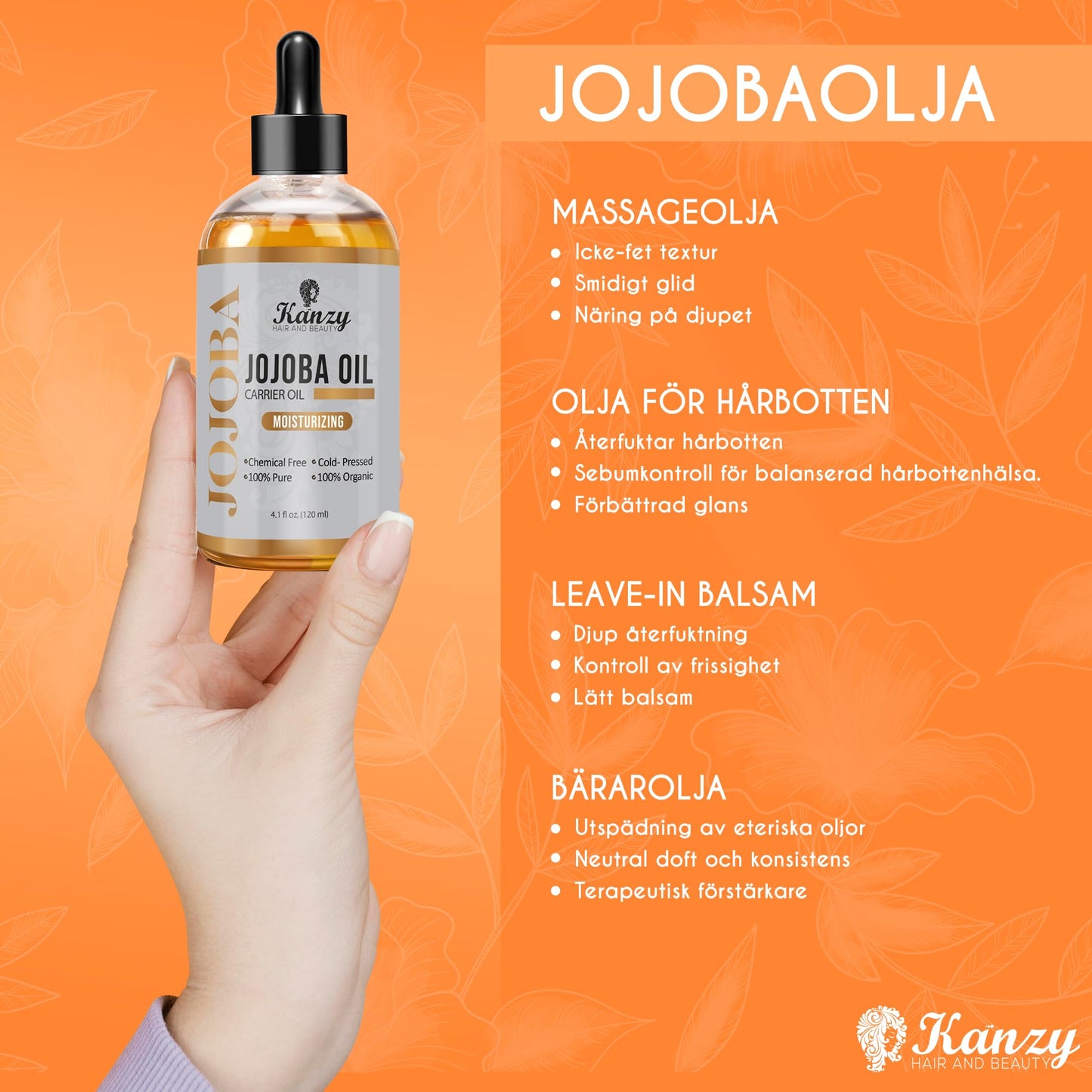 Kanzy Jojobaolja Ekologisk Kallpressad 100% Ren 120ml Hexanfri Bärarolja för Hår Naglar Kropp Hud & Ansikte Kroppsolja-Certifierad