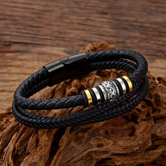 Men's Fashion Stainless Steel Multi-layer Leather Co Bracelet Braided Leather Buckle Titanium Steel Bracelet-PLUT