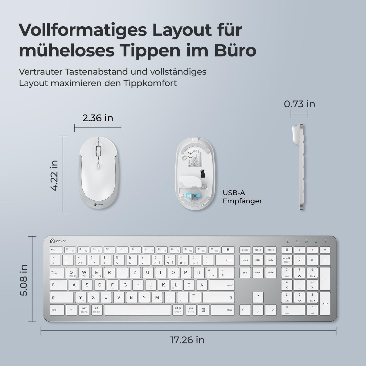 IClever GK08 trådlöst tangentbord och mus - 2,4 G ultraslim uppladdningsbar trådlös tangentbordsmus set för PC, stationär dator, bärbar dator, Windows Mac OS, QWERTZ layout, vit