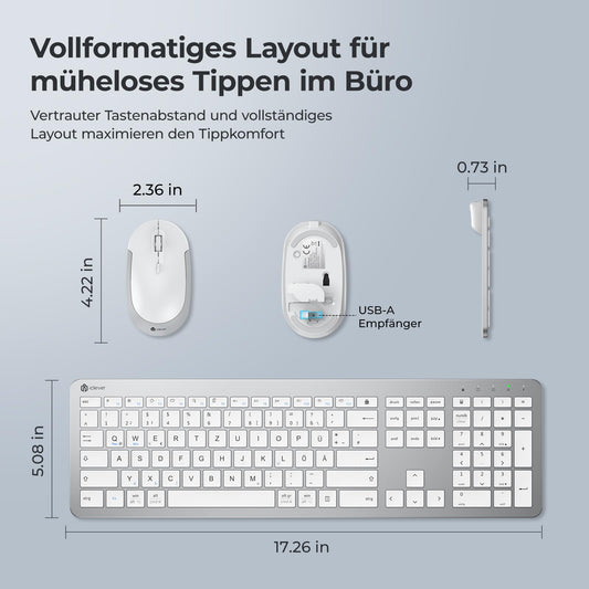 IClever GK08 trådlöst tangentbord och mus - 2,4 G ultraslim uppladdningsbar trådlös tangentbordsmus set för PC, stationär dator, bärbar dator, Windows Mac OS, QWERTZ layout, vit