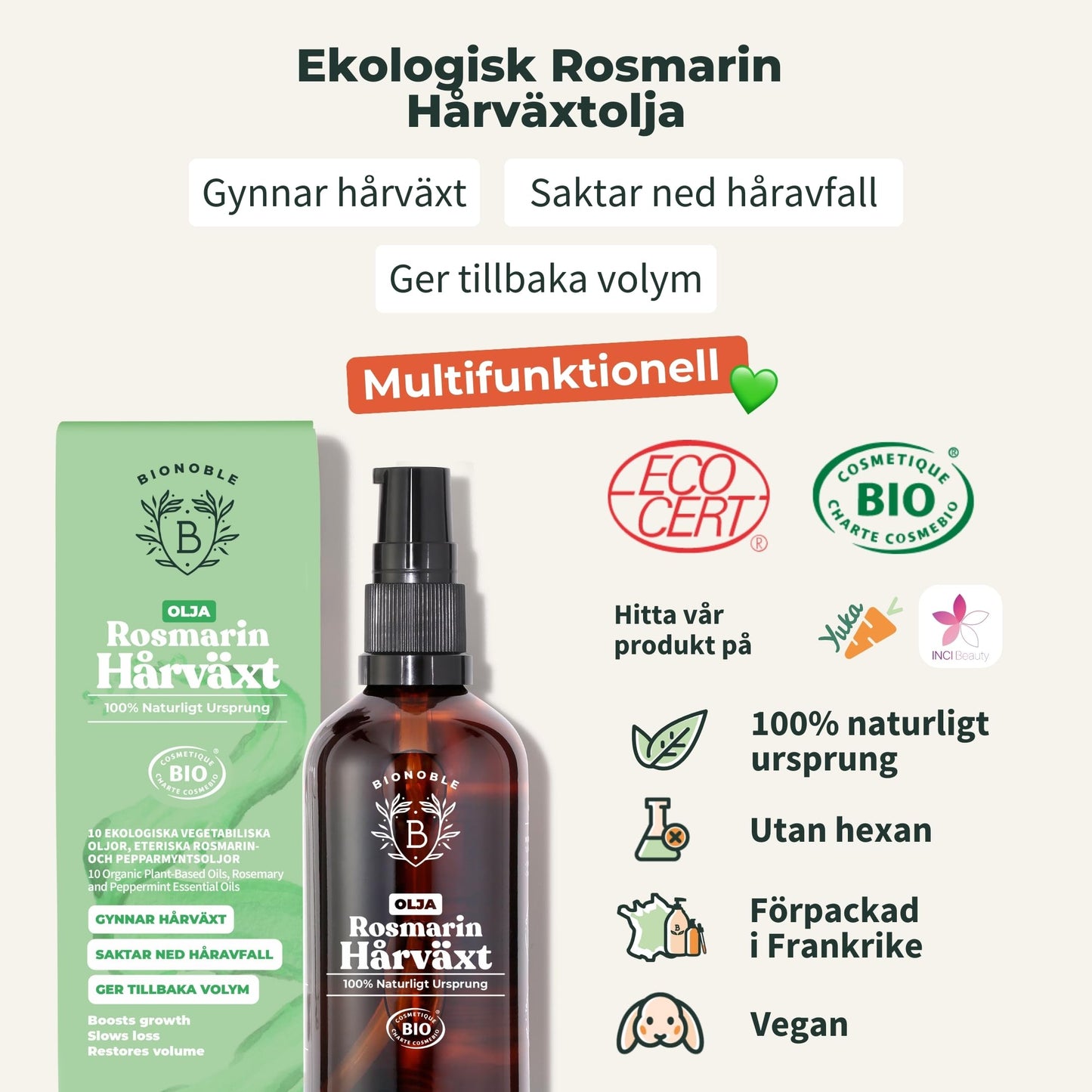 Ekologisk Rosmarinolja för Hår - Främjar Tillväxt & Minskar Håravfall - Eterisk Rosmarinolja, Ricino, Argan och Jojoba - Glasflaska med Pipett + Pump - Organic Hair Growth Oil - 100ml