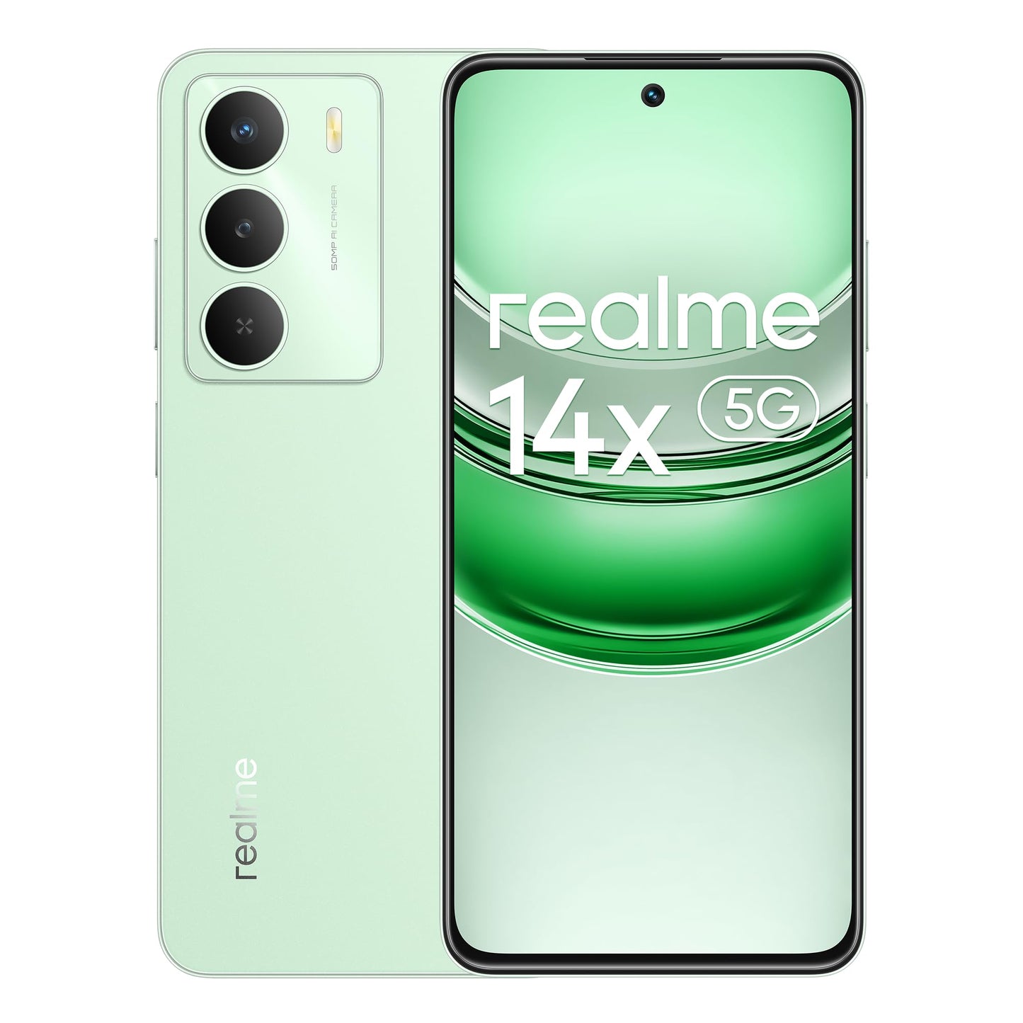 realme Smartphone 14 X 5G 6+128 GB, 5G Dimensity 6300-processor, 120 Hz ögonkomfort-läge för skärmen, 50 MP I.A-kamera, peridotgrön, ingen adapter