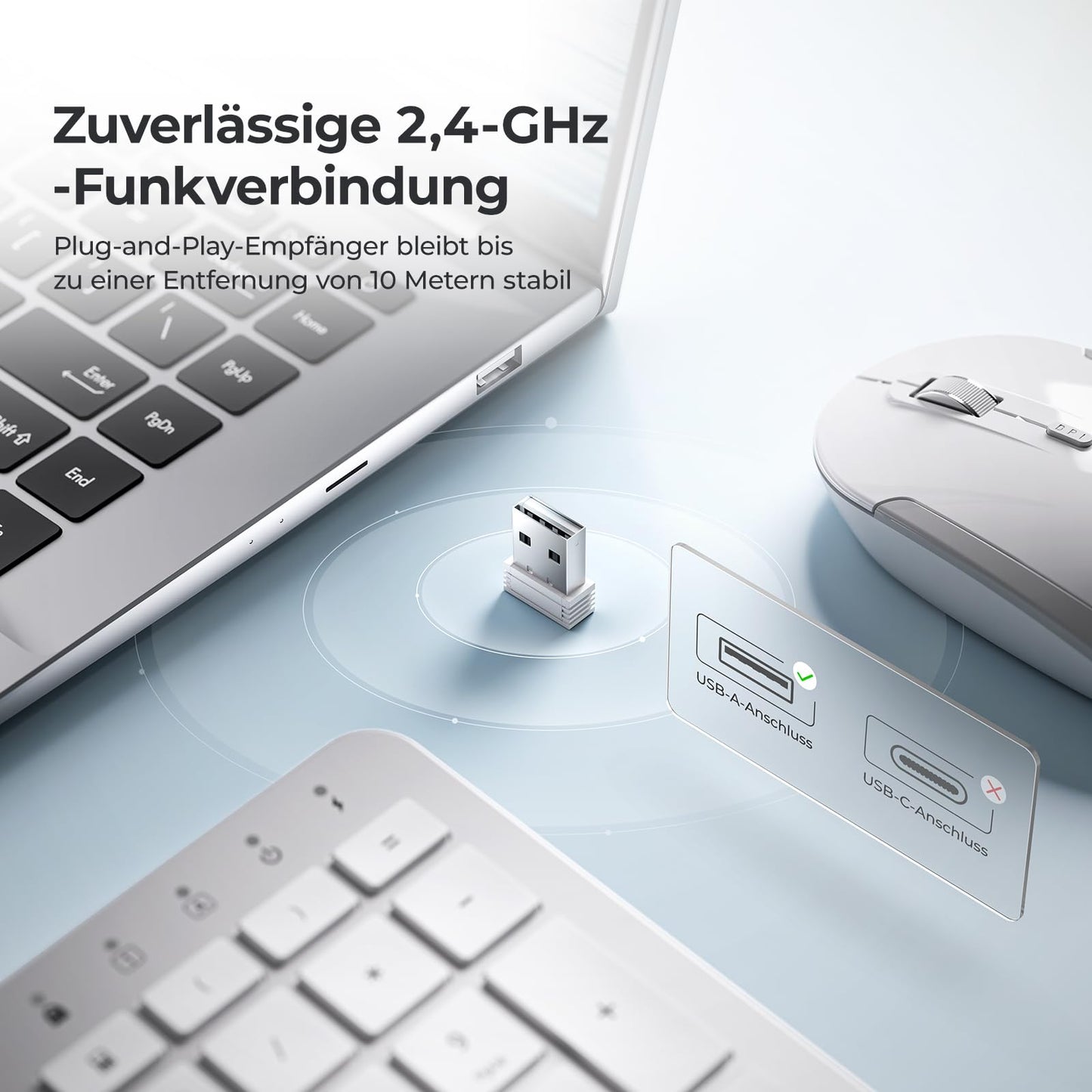 IClever GK08 trådlöst tangentbord och mus - 2,4 G ultraslim uppladdningsbar trådlös tangentbordsmus set för PC, stationär dator, bärbar dator, Windows Mac OS, QWERTZ layout, vit