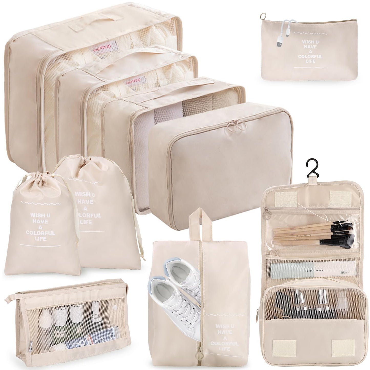 Resväskearrangör, packkuber, resväskorganiseringsset 10 delar, bagageorganisatör vattentät, packkuber, med packpåsar, klädväskor, kosmetikväska, skoväska, arrangör resväska (beige)