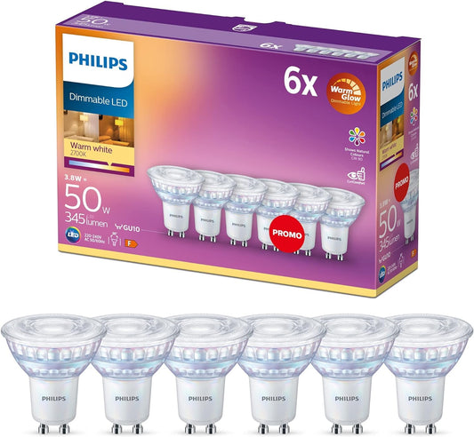 Philips Classic LED-ljuskälla, 50W, GU10, C90, varmvitt ljus, Warm Glow, 2000-2700 kelvin, 15 000 timmar, dimbar, 6-pack