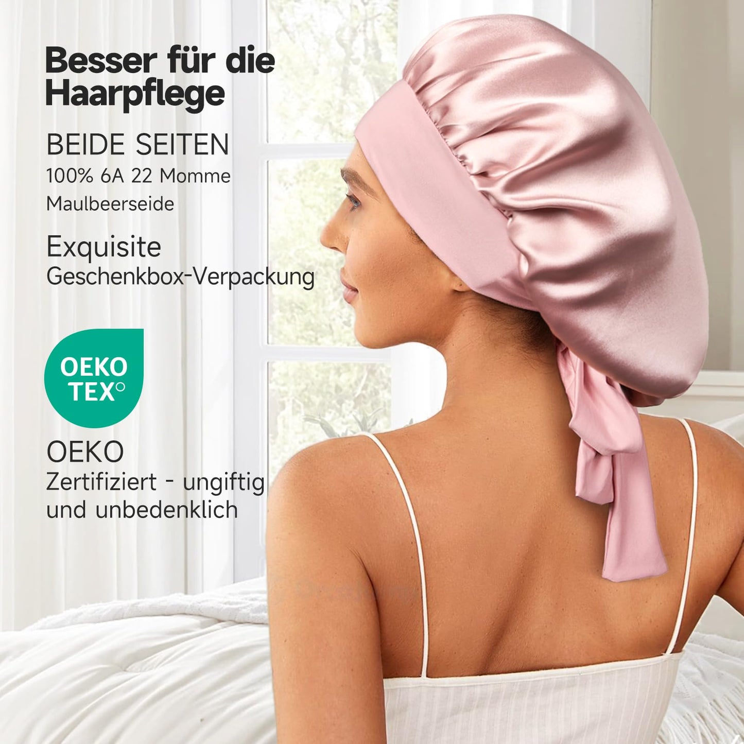 Umisleep 100% 22 momme mullbärsidenmössa för sömn, lockigt hår, med dubbla lager, silkesnattmössa med ventilation, med justerbar bred rem för huvudfästning, rosa