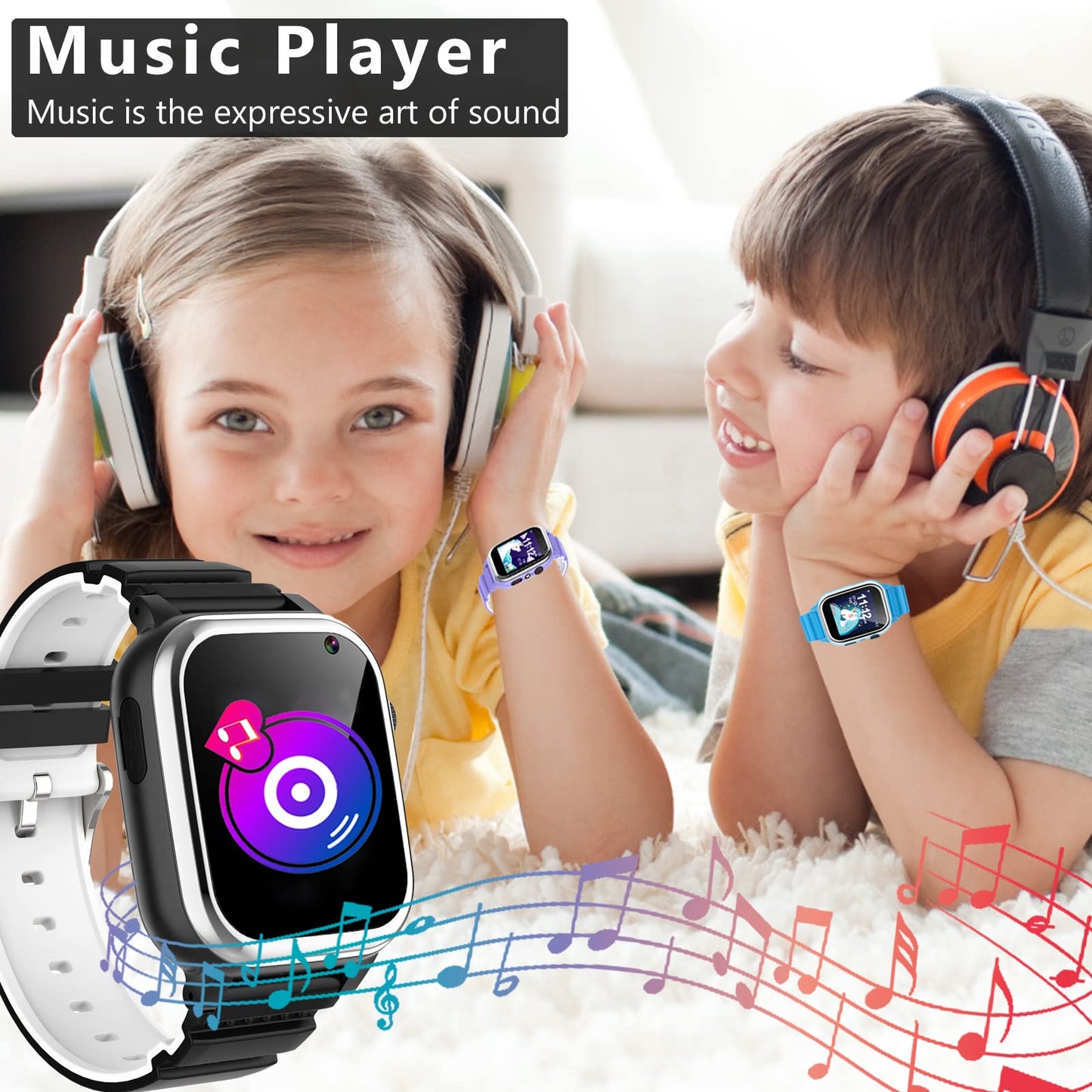 Kids Smartwatch - Volymjustering av Smartwatch för barn, 26 spel, stegräknare, musik, kamera, väckarklocka, ficklampa, presenter för barnklockor för pojkar och flickor 4-12 år (Black)