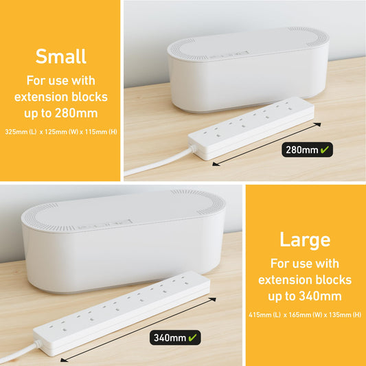 D-Line ordningslåda för kablar, döljer förlängningsblock, kabelhantering för skrivbord, snyggar till TV-kablar, tillverkad av elektriskt säkert ABS-material - 325 (L) x 125 (B) 115 mm (H) - liten, vit
