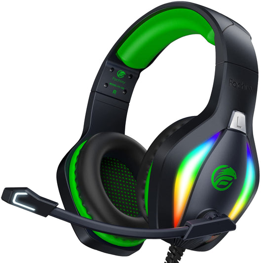 Fachixy FC100 Gaming Headset för PS4, PS5, PC, Xbox, Nintendo Switch, hörlurar med kabel och RGB-ljus, Stereo Surround-hörlurar med mikrofon, brusreducerande Gamer-hörlurar (GRÖN)