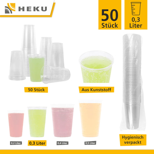 HEKU 30490, 50 engångsmuggar, klar, 0,3 l, PP