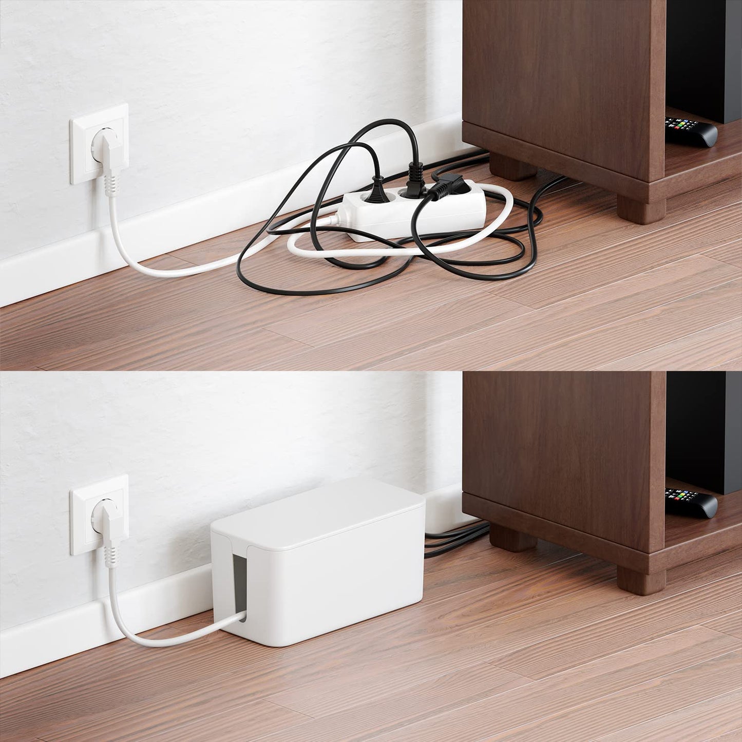 deleyCON Kabelhanternig Box Kabel Organiserare Box Kabellåda 23,5cm x 11,5cm x 11,5cm Robust Plast 2 Sidomonterade Kabelledare Skydd och Säkerhet Vit