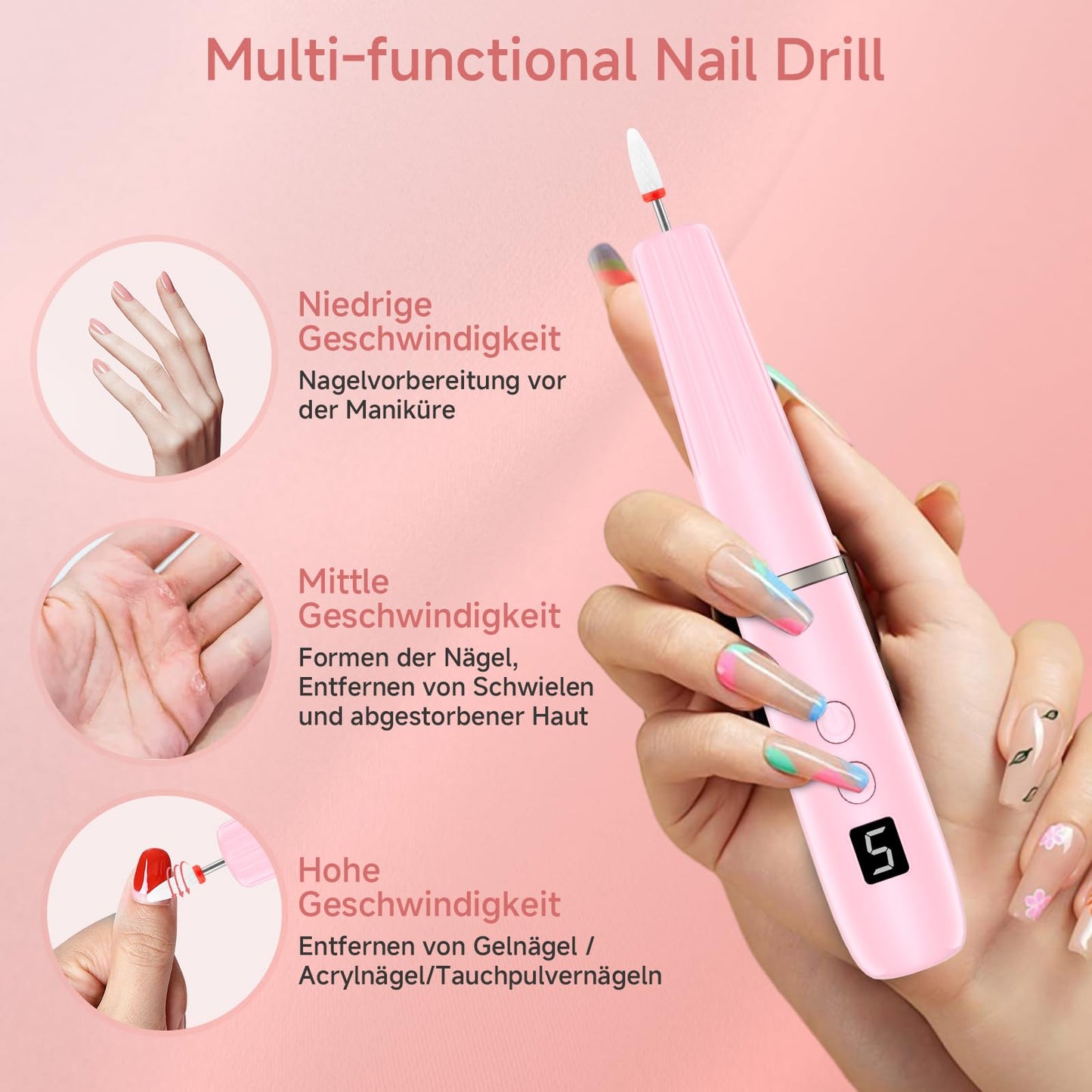 Nagelfräs för gelnaglar – 12 i 1 elektrisk nagelfil – manikyrset elektrisk 20 000 varv/min, 5 växlar elektrisk nageldrill, fräsnaglar för naturnaglar, akrylnaglar, gelnaglar, avlägsnar förhårdnader