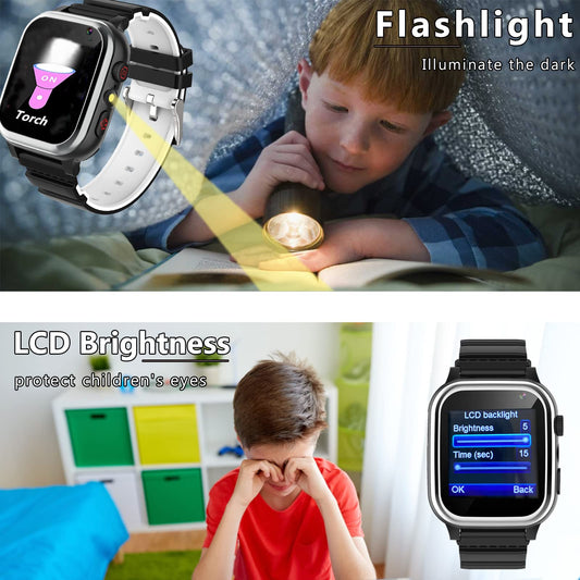 Kids Smartwatch - Volymjustering av Smartwatch för barn, 26 spel, stegräknare, musik, kamera, väckarklocka, ficklampa, presenter för barnklockor för pojkar och flickor 4-12 år (Black)