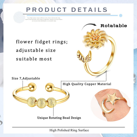 CASSIECA 9 st ångestsnurrande ringar för kvinnor fidgetring stressavlastande ringar justerbar tumring rotera pärla blomma ringar, Guld, Kubisk zirkonia