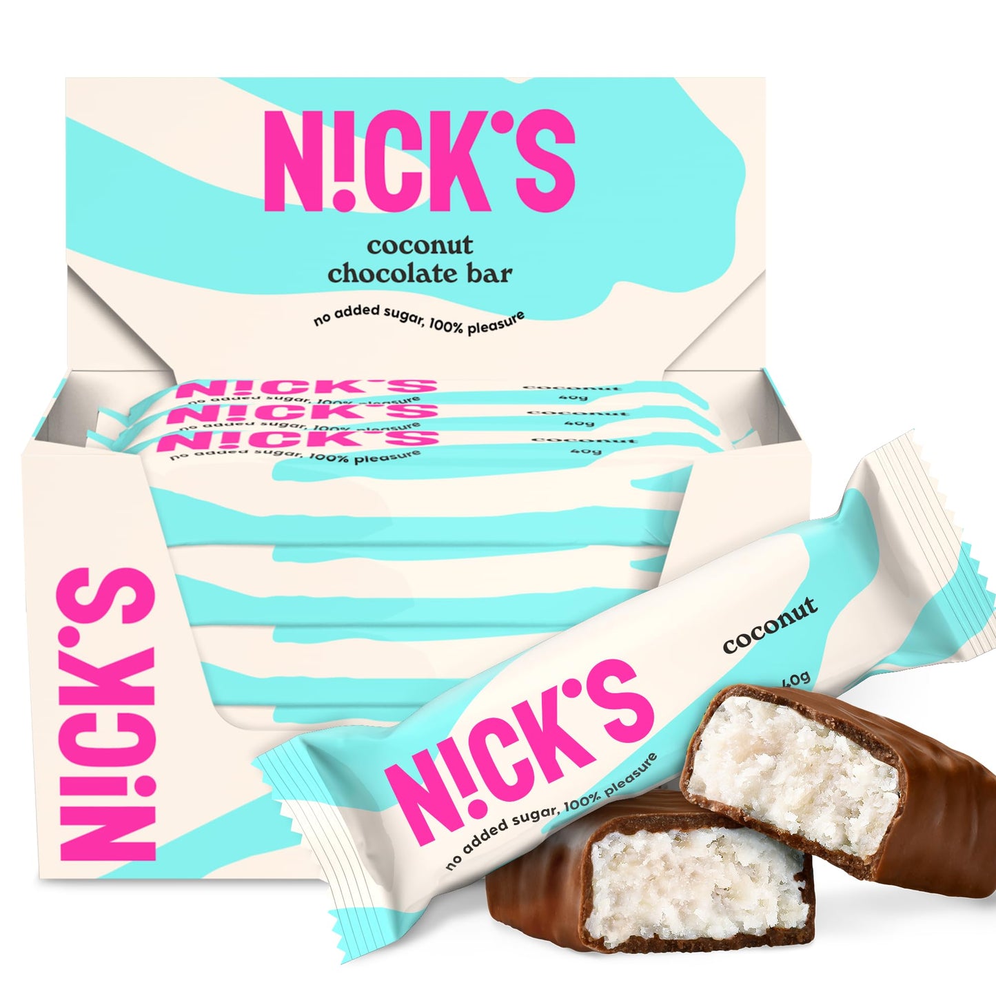 NICKS Coconut Keto Choklad Kokosbar Utan Tillsatt Socker 175 Kalorier, 2 Net Carbs, Low Carb Snack Bar Glutenfri Godis (15 Chokladbars x 40g)