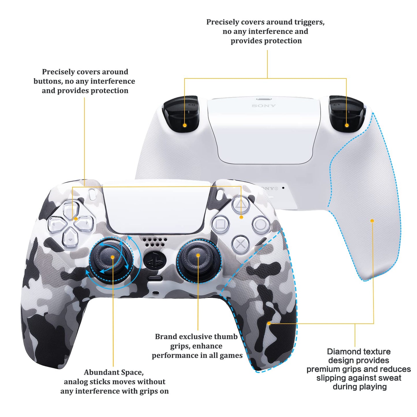YoRHa Dubbade tryck silikongummi anpassa hudskydd för PS5 Dualsense Controller x 1 (kamouflage vit) med Pro tumgrepp x 10