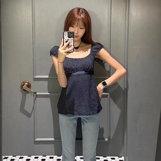 New Pure Desire Style Sweet Polka Dot Short Sleeve Slim Slimming Bow Tie
