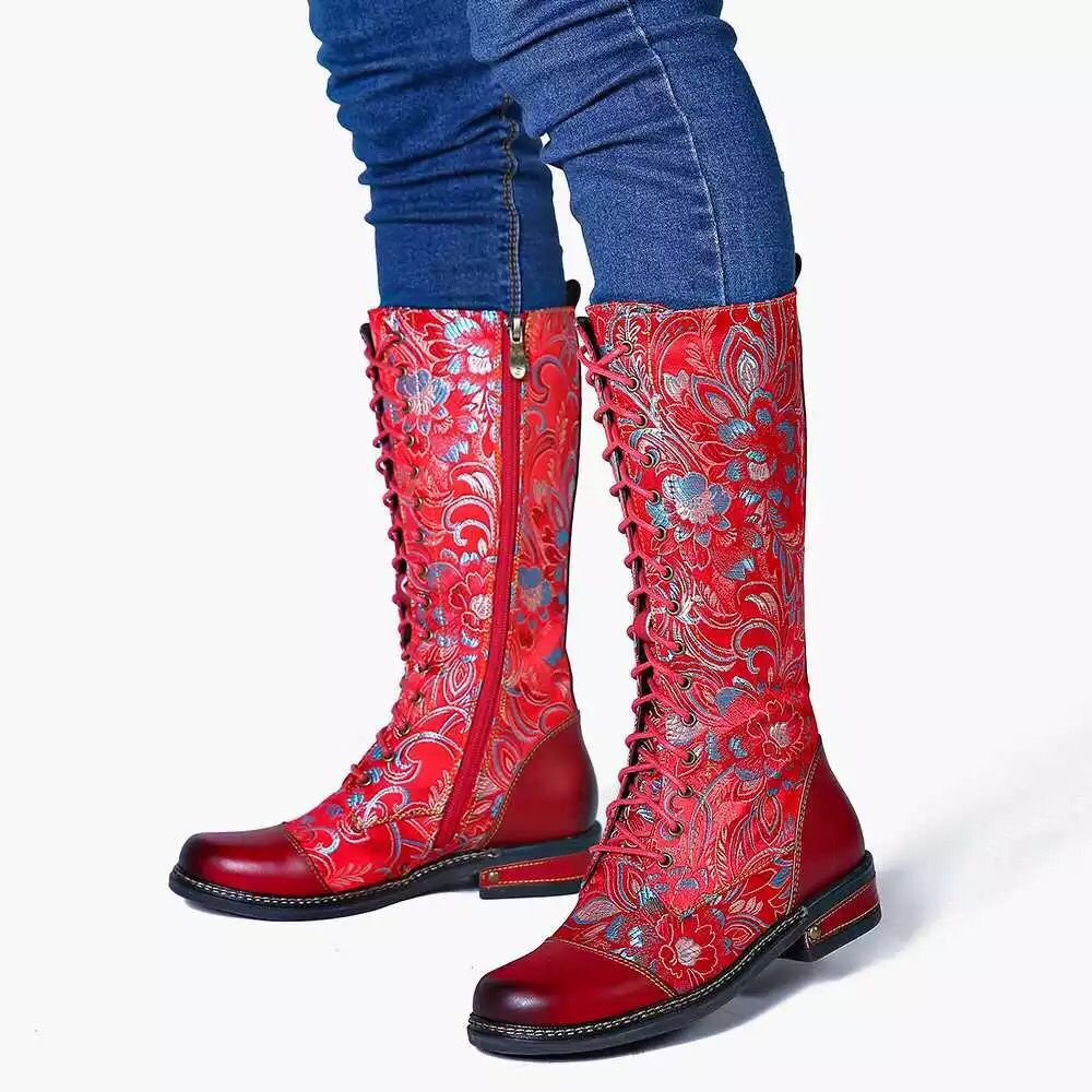 Embroidered Flat Bottom Martin Boots