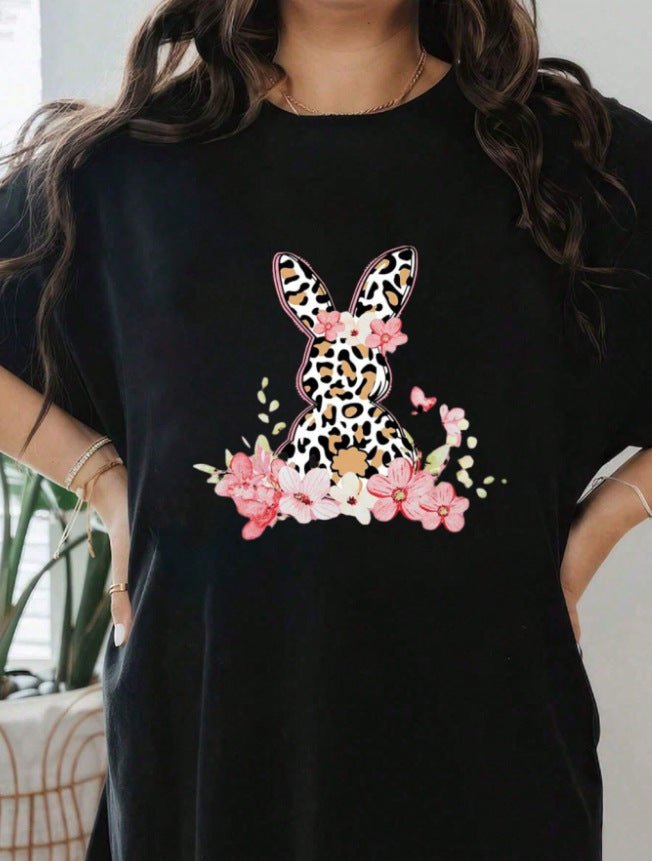 Happy Easter Rabbit Printed Women's Round Neck Short Sleeve T-shirt