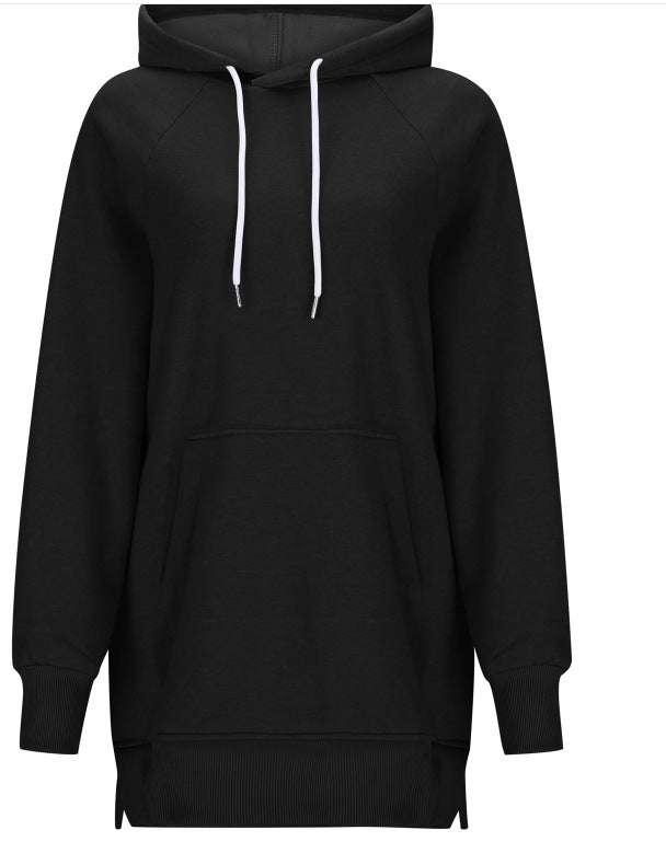 Dame ensfarvet sweater med hætte, slidser ved skuldrene og ærmer