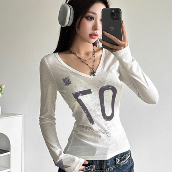 Girl-group-style Color-block Letter-print V-neck Long-sleeve T-shirt