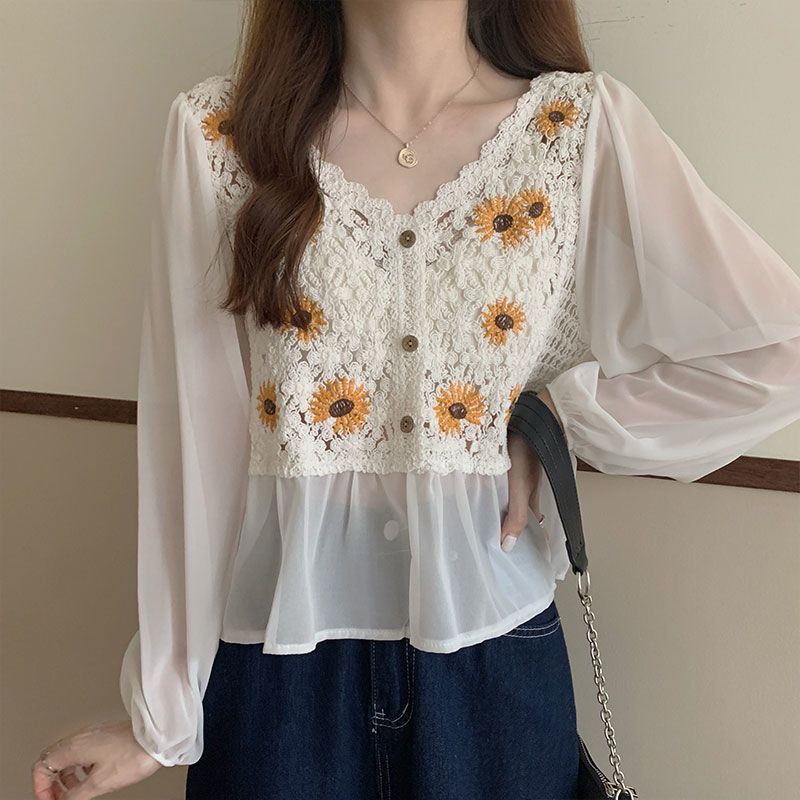 Early Autumn National Style Top Hollow Design Sunflower Embroidery Slightly Breathable Western Style Small Shirt Outer Wear