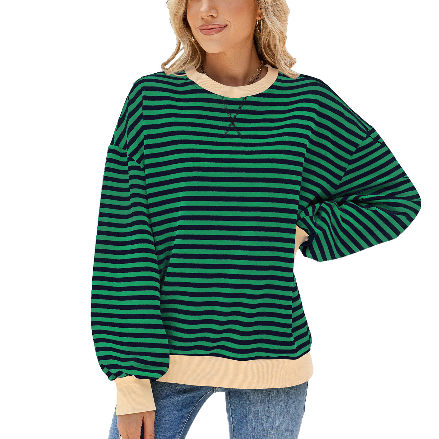 Kvinder Stribet Rund Hals Kontrastfarve Løs Langærmet Sweatshirt