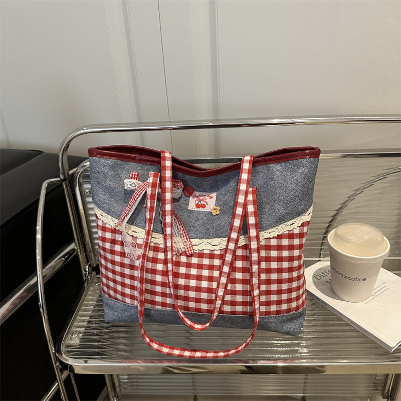 Korean-style Lace-trimmed Color-Block Plaid Tote Bag