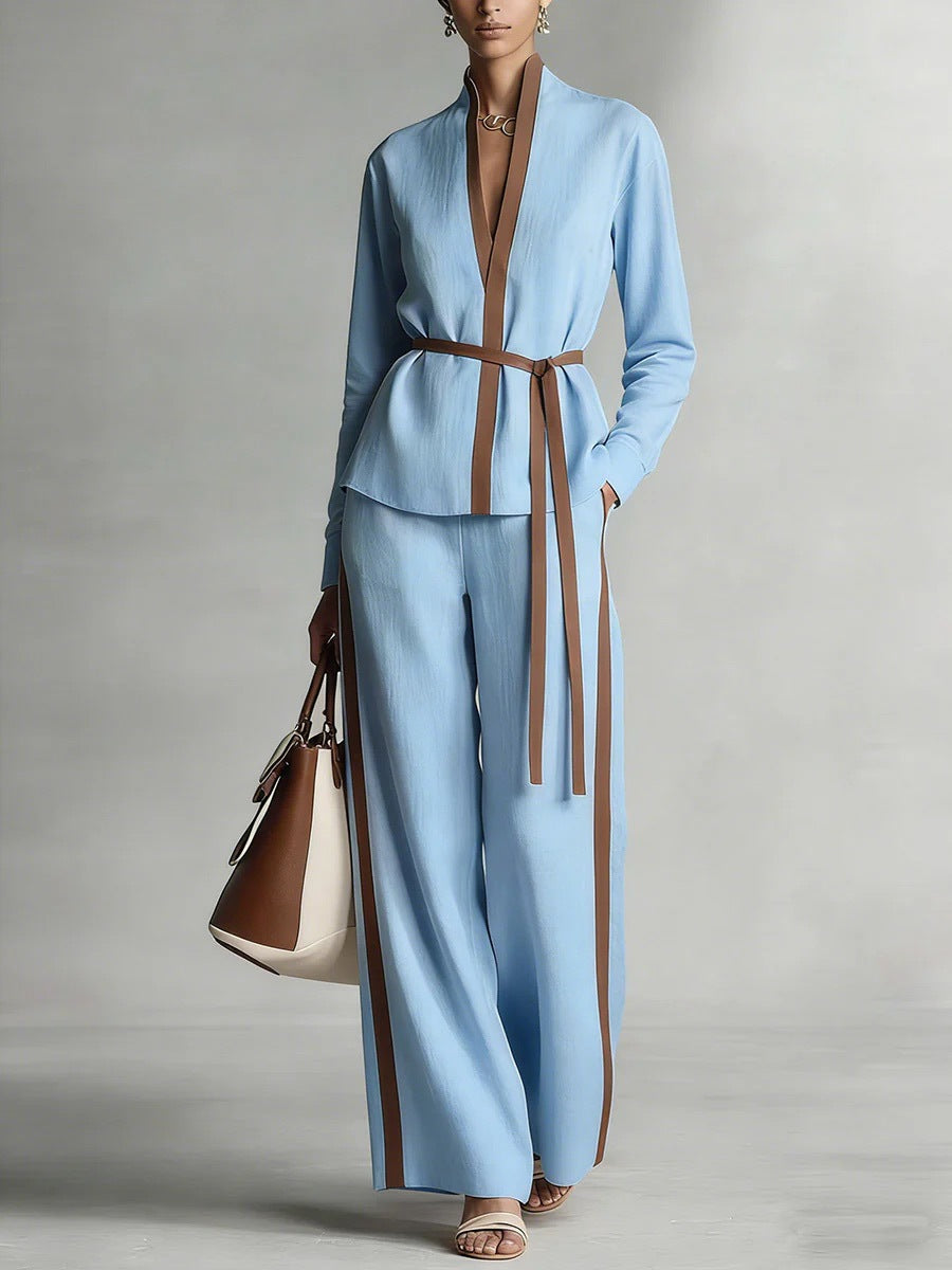 Women's Casual Patchwork Cardigan Shirt And Wide-Leg Pants Set