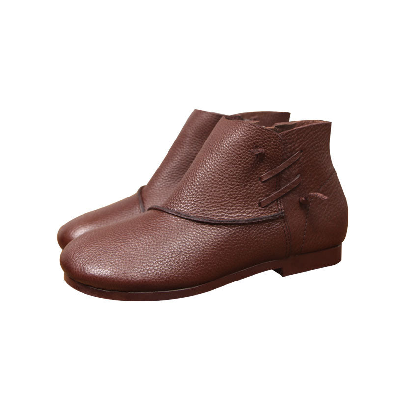 Handmade Retro Cowhide Booties With Round Heads And Flat Bottoms