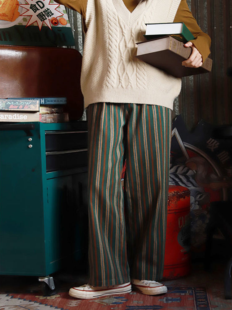 Green Vertical Striped Wide Leg Pants For Women With High Waist
