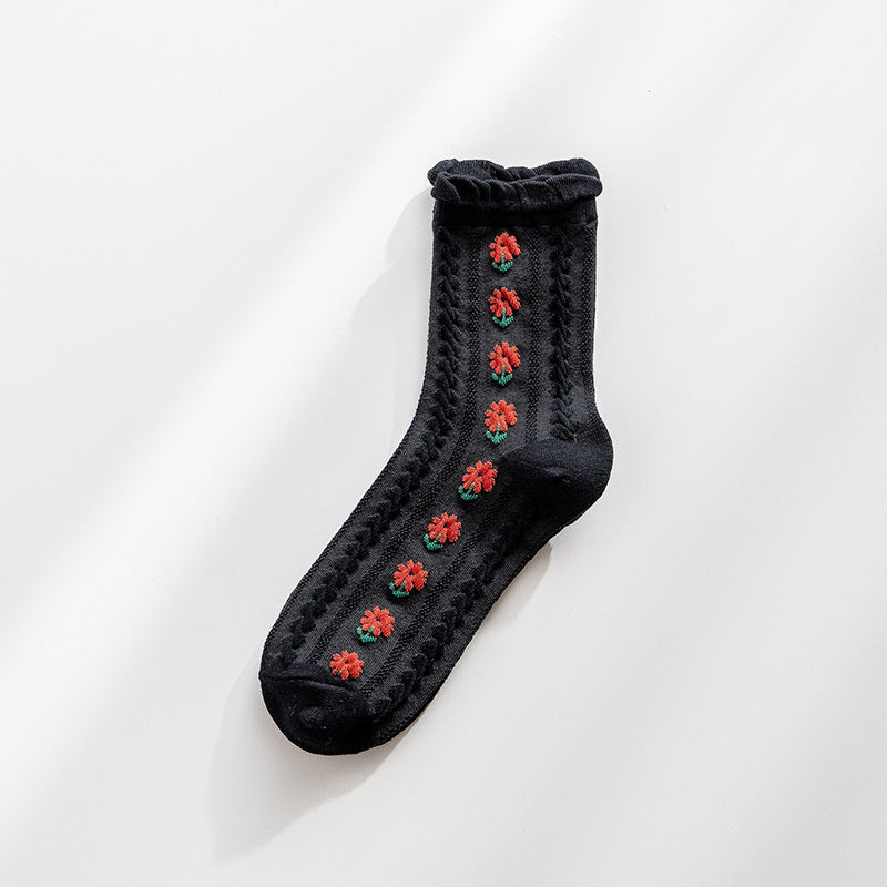 Women's Socks Autumn And Winter Jk Tube Socks Wooden Ear Japanese Cute Flowers Sweet Girl Lolita Purified Cotton Stockings