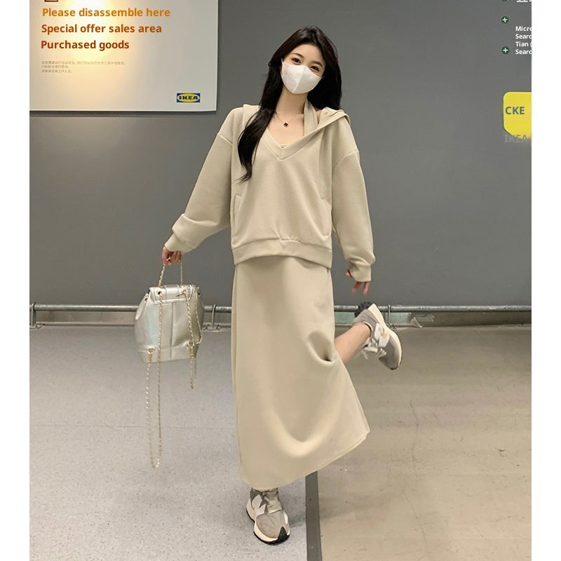 Loose Hooded Sweatshirt Set Women Sexy Knitted Halter Two-piece
