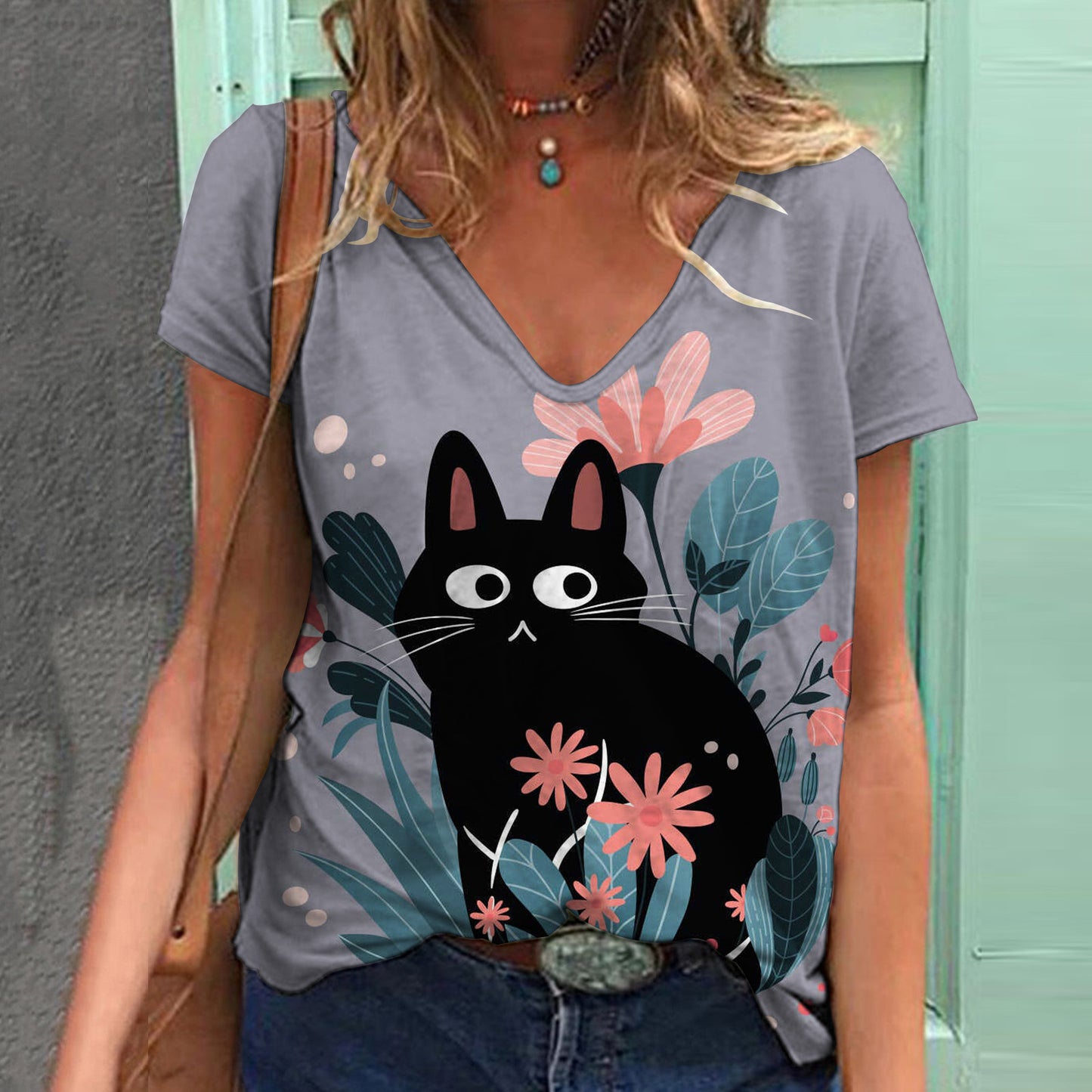 Women's Top Print V-neck Short-sleeved T-shirt