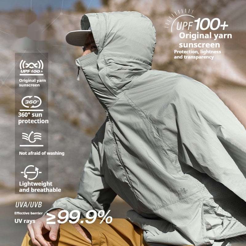 UPF100 Lightweight Raw Yarn Sun Protection Clothing Outdoor Sports Hooded Stand Collar Coat