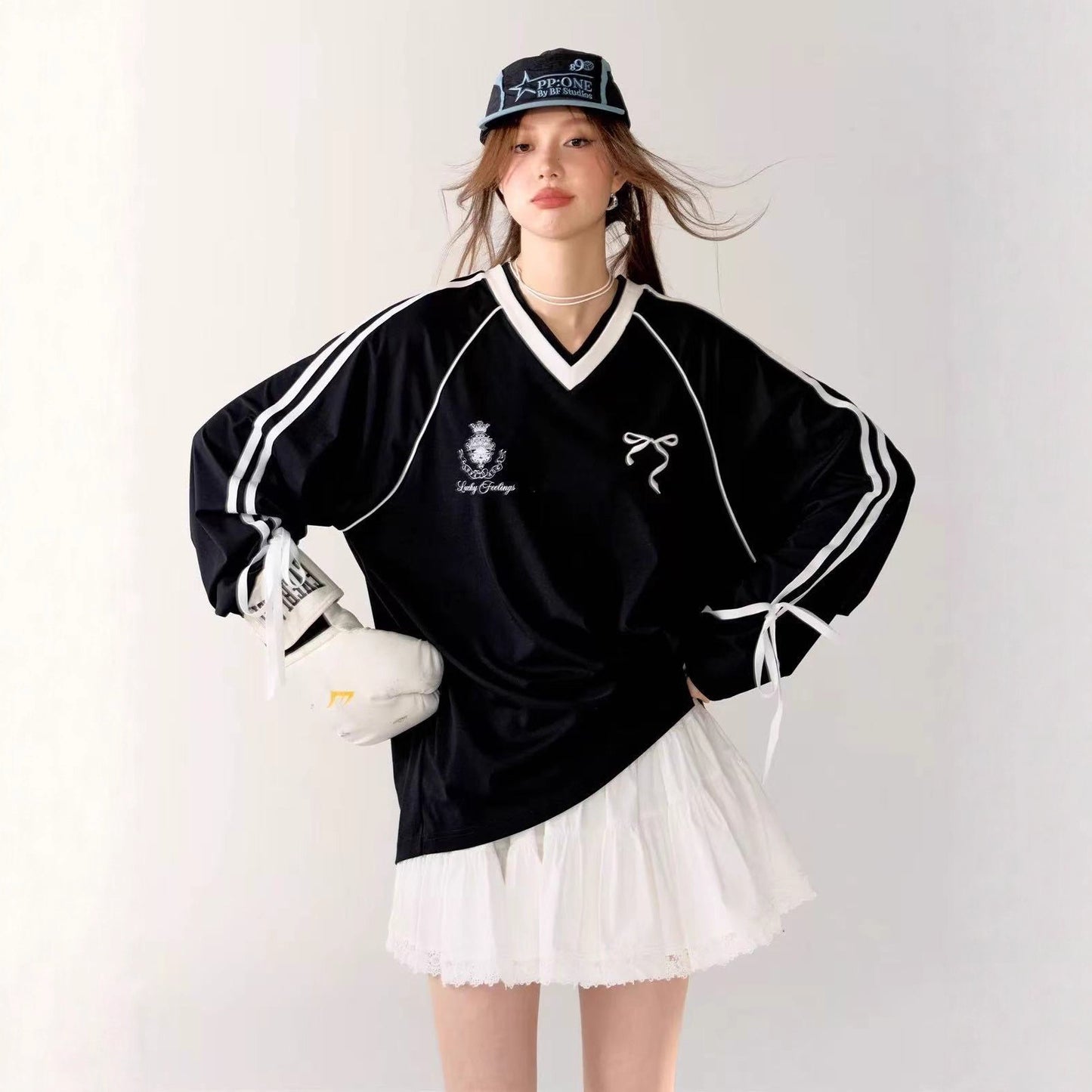 V-neck Tie Butterfly Long Sleeve Loose Sports Jersey Style T-shirt