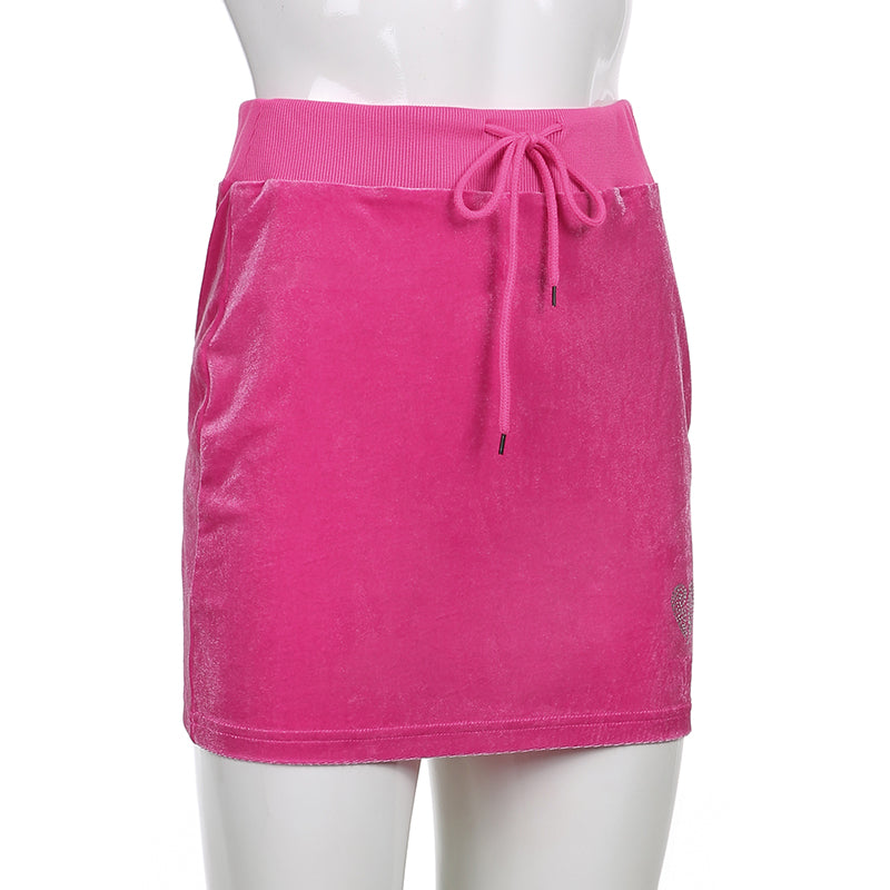 Pure Color Velvet Love Heart Hot Diamond Waist Lace-up Skirt