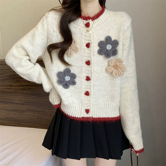 French Style Temperament Flower Round Neck Sweater Short Knitted Cardigan
