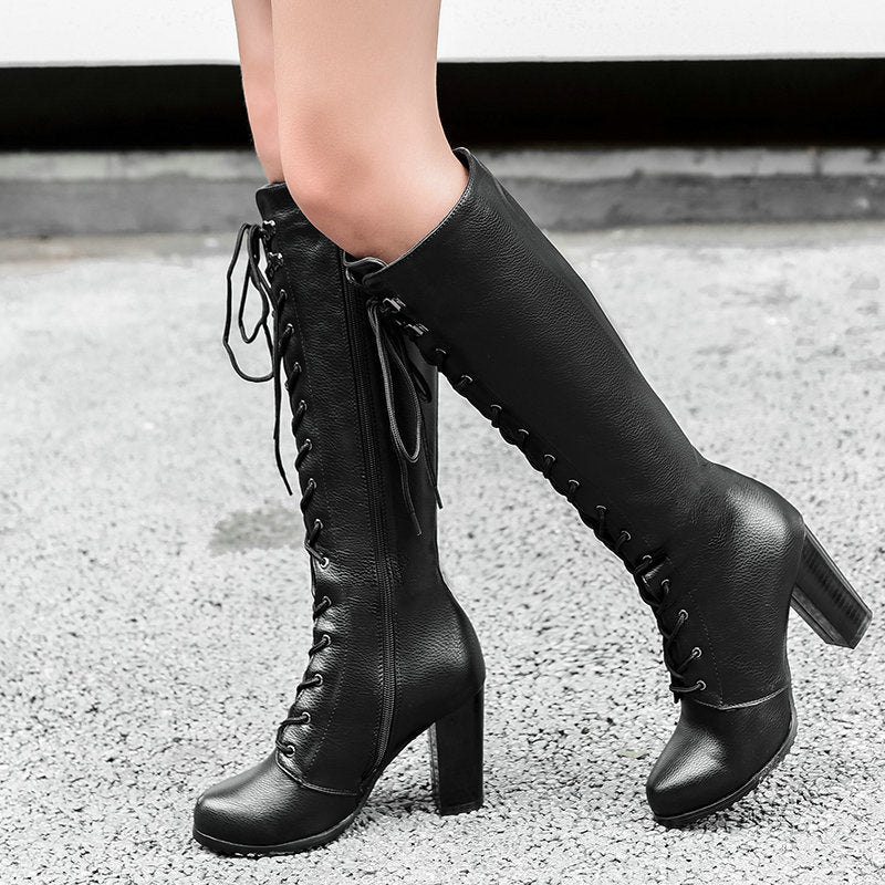 Women's High Boots Foreign Trade Thick High Heel Winter New European And American Women's Boots Front Lace Handsome Suede Knight Boots Motorcycle Boots