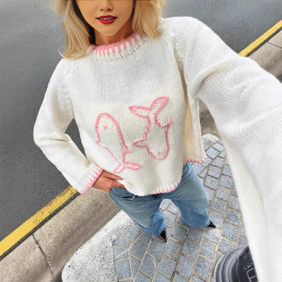 Color-block Crew-neck Retro Embroidered Loose-fitting Pullover Sweater