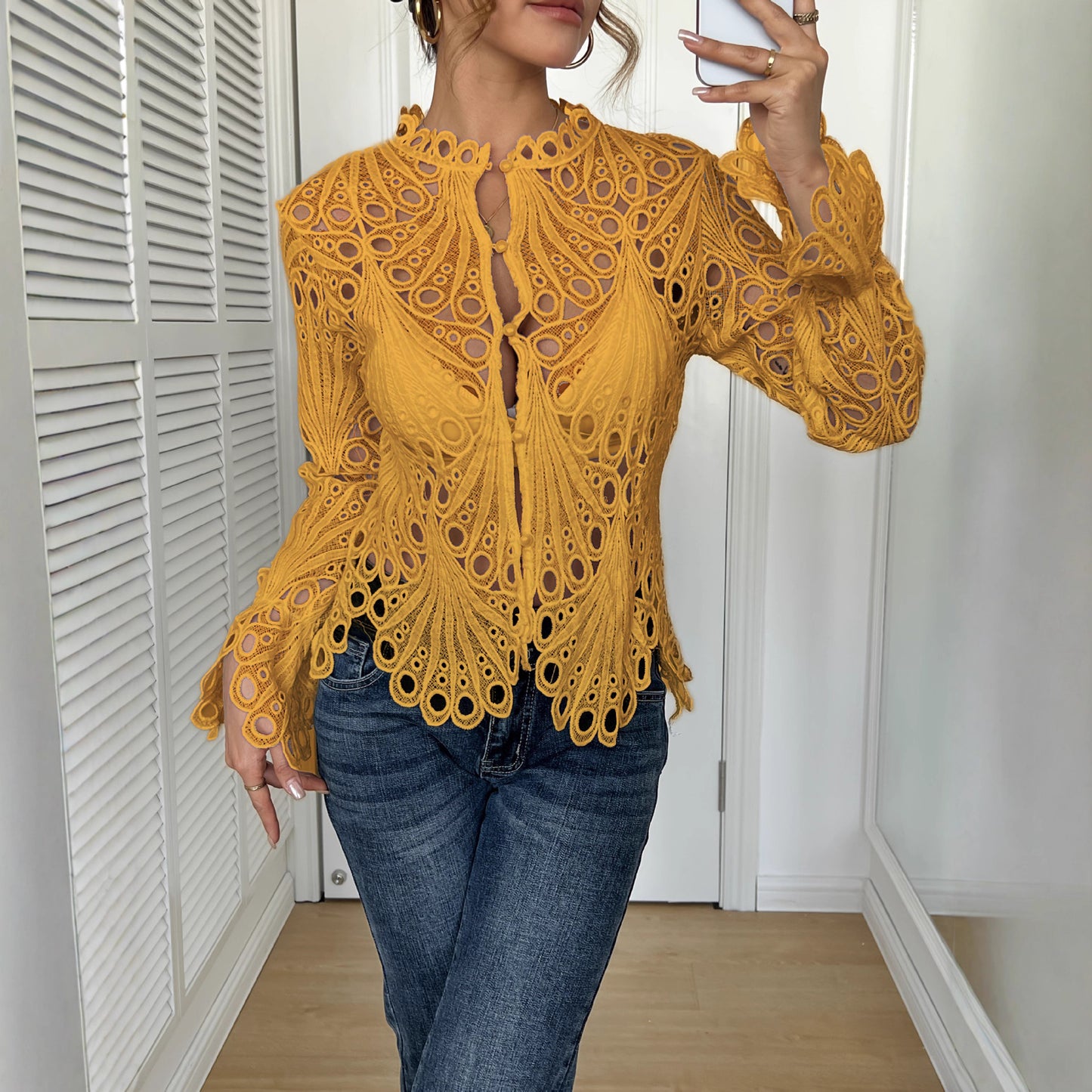 Sexy Cutout Flared-Sleeve Breathable Knitted Lace Womens Top