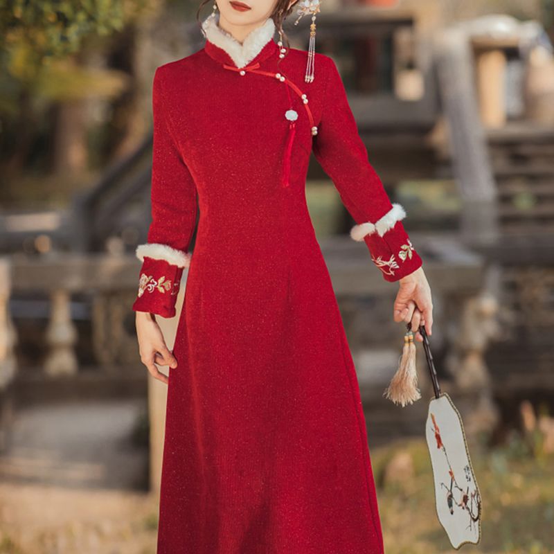 Thickened Wine Red Bridal Toast Modernized Cheongsam Style Dress
